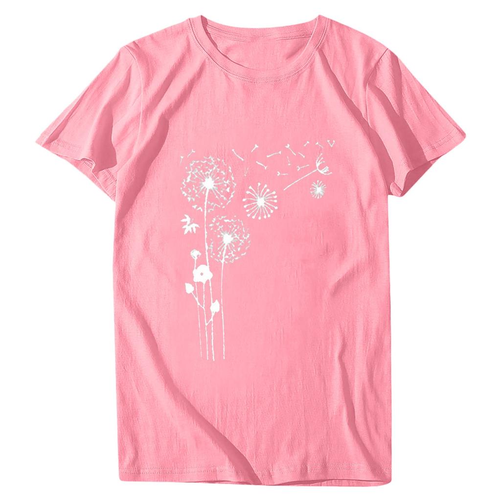 Women Fashion Flower Printing O-Neck Short T-Shirt Loose Blouse Top Shirt