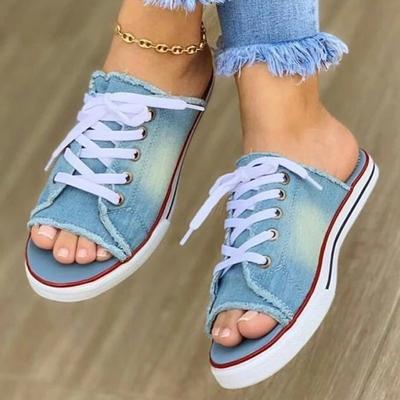 Fashion Women Canvas Sandals Breathable Summer Slippers Lace Up Open Toe Ladies Faux Denim Flat Shoes Zapatos Mujer