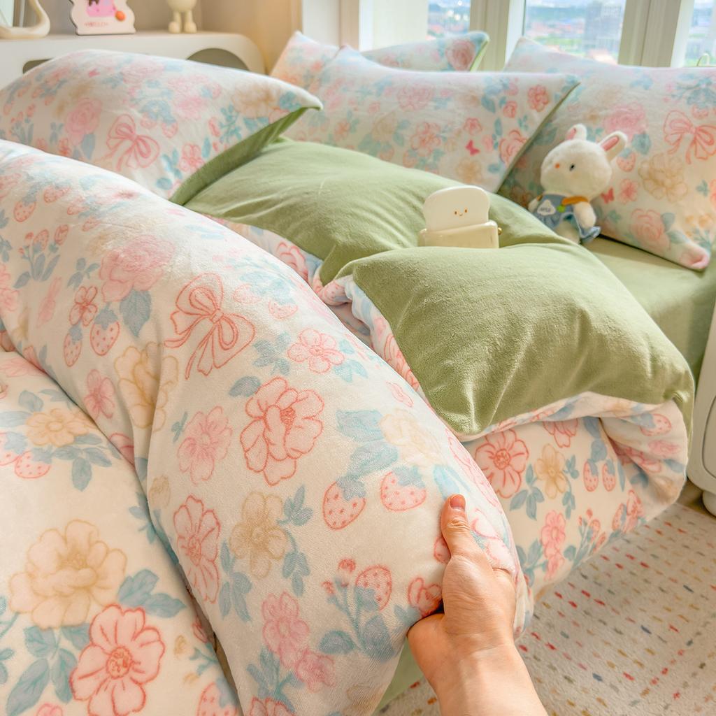 Thickened Milk Fleece Quilt Cover Single Piece Coral Fleece Quilt Cover Four-Piece Set Double-Sided Flannel Fleece