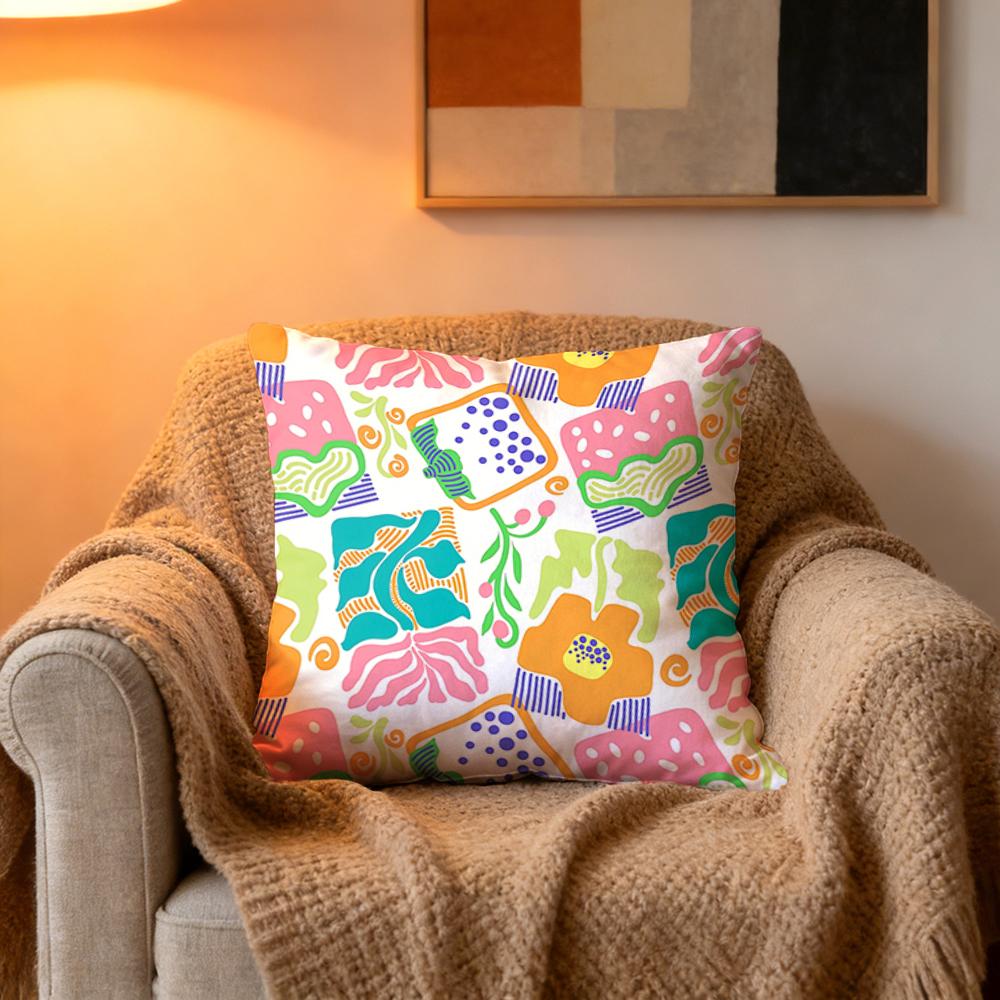 1Pcs Cushion Cover, With Intertwined Geometric + Flower Patterns In Pink, Orange And Green, Bright And Lively Style, Double-Si