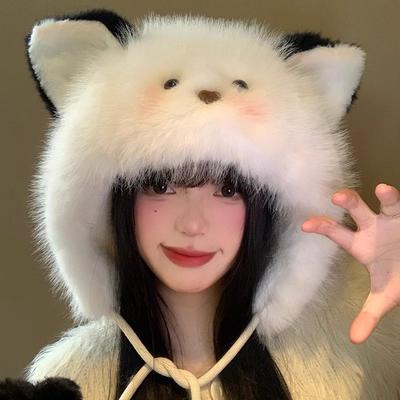 Cute Cat Ear Plush Hat for Women In Autumn and Winter Showing Their Faces Small Furry Ear Protection Hat Cold and Warm Lei Feng Hat Trendy