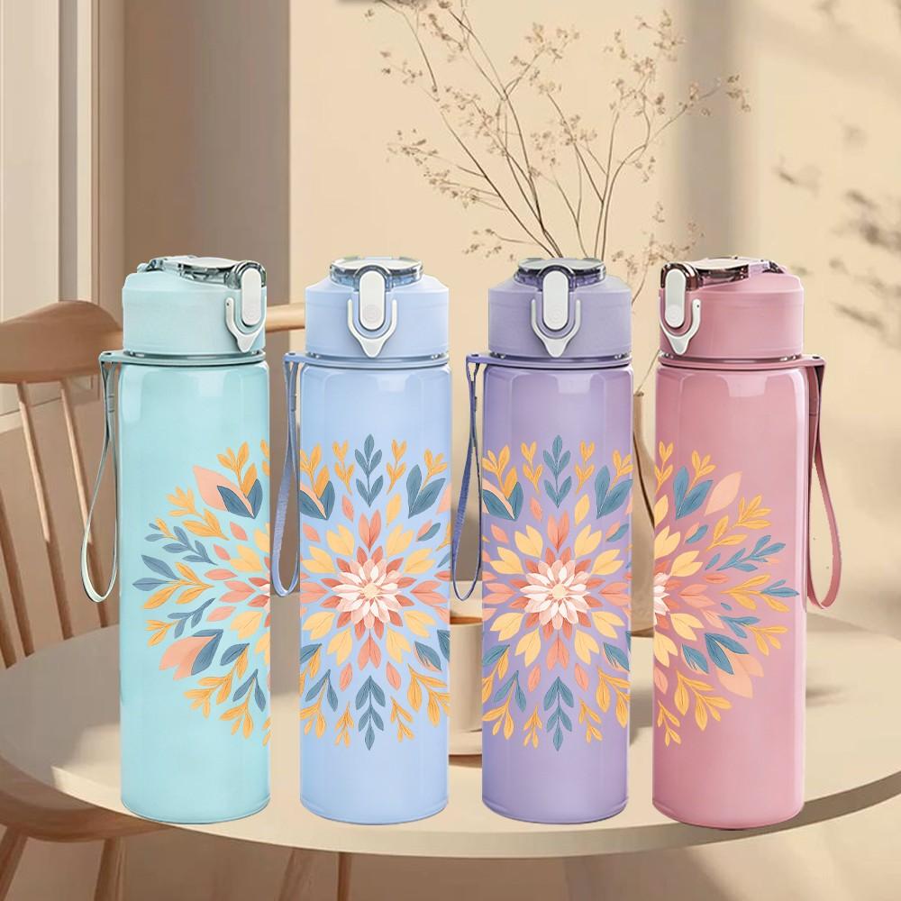 1PC Mandala Floral Circle Art 750ml Color Plastic Sports Water Bottle Leakproof Flip Straw Lid Suitable for Sports Office Home Use