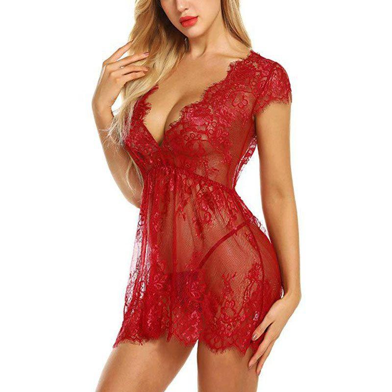 Luxurious Women Eyelash Lace Sexy Lingerie See-through Babydoll Sleepwear Dress T-back Set For Elegant Nights