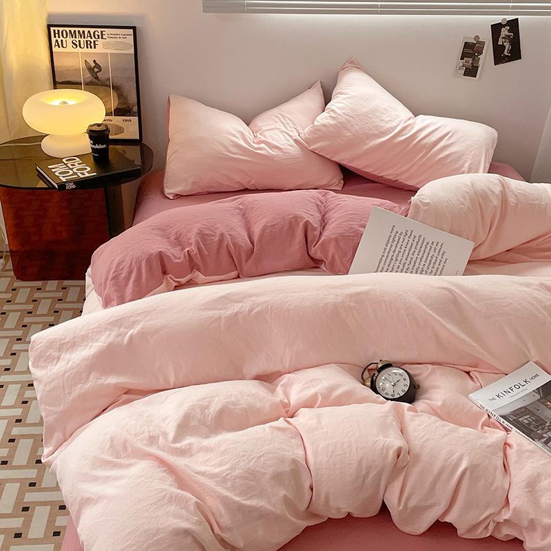 Four-piece Set for Sleeping Naked On Winter Bed, Washed Cotton Sheets, Quilt Cover, Fitted Sheet, Three-piece Set for College Dormitory