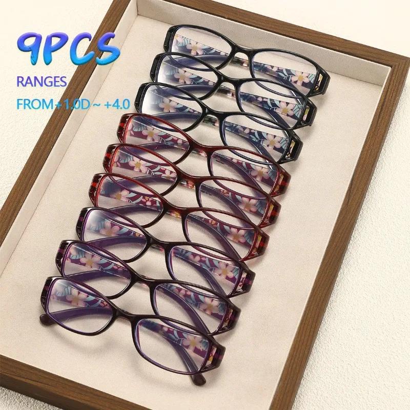 9 Pairs Of Women'S Fashionable Floral Reading Glasses Anti Blue Light Multi-Color Pattern Trendy Style Durable Glasses Set
