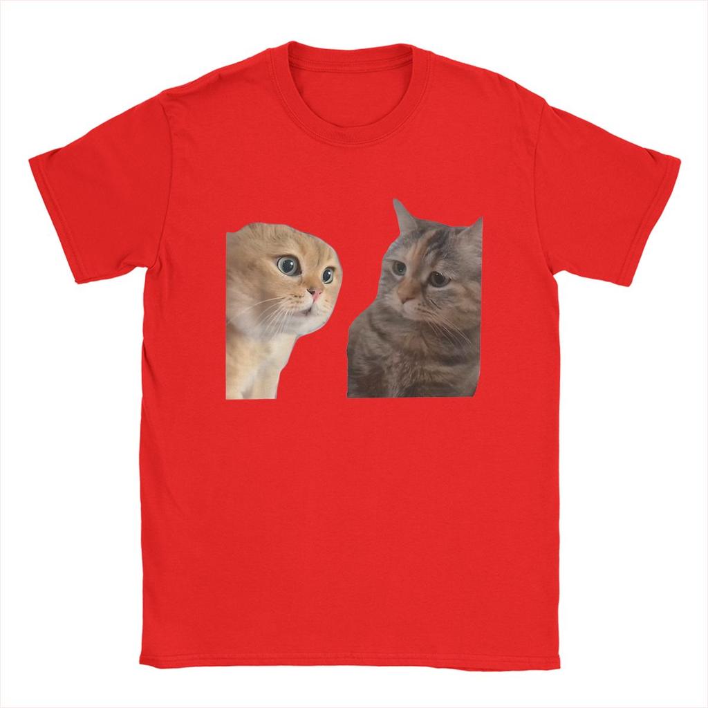 Two Cats Talking Meme T-Shirts for Men Sad Cat Mewing Vintage 100% Cotton Tee Shirt Crewneck Short Sleeve T Shirt Summer Tops