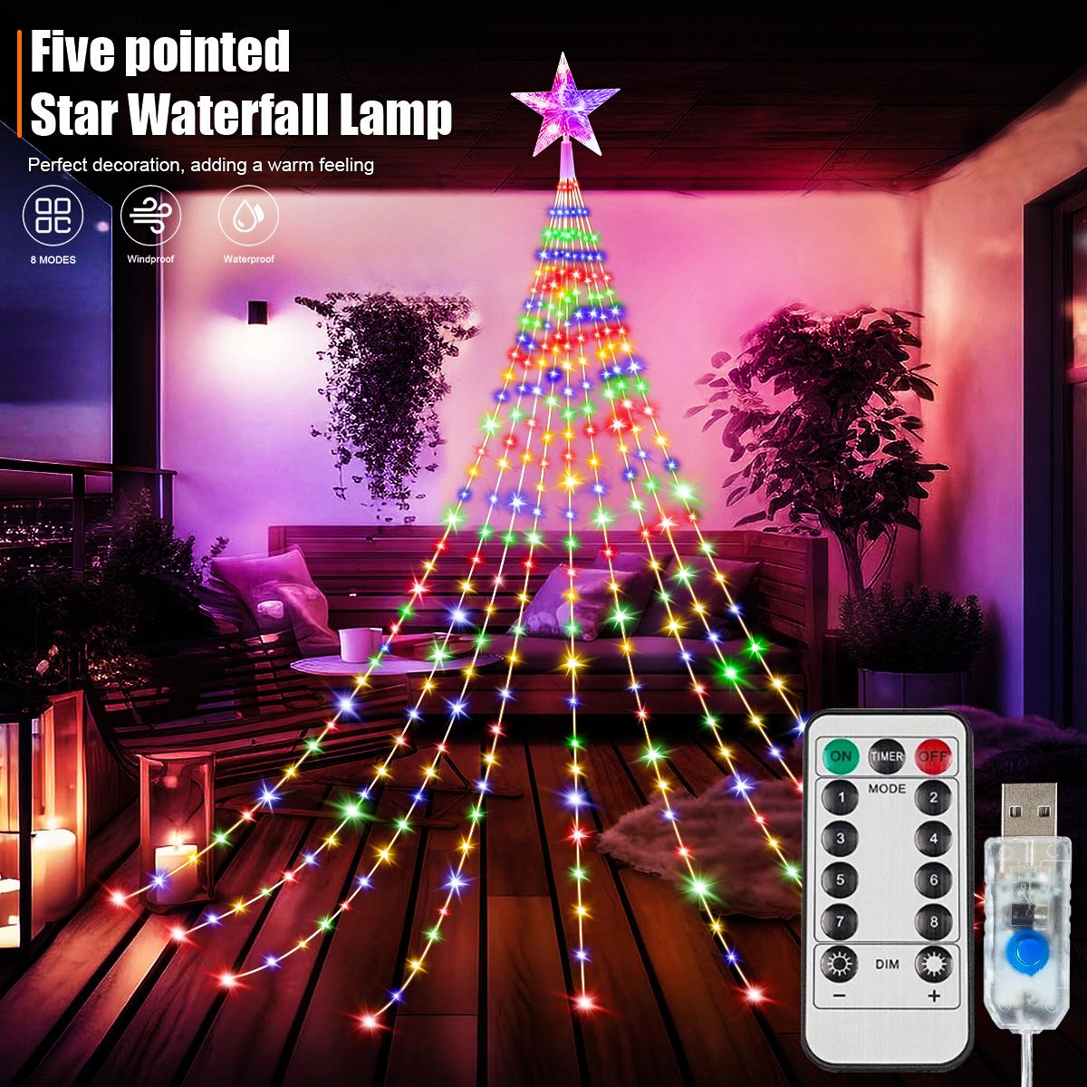 

9.8Ft Waterfall String Lights With Star Topper, 8Modes Indoor Outdoor Fairy Lights For Yard Party Home Garden Christmas Tree 6.6Ft 200LEDS