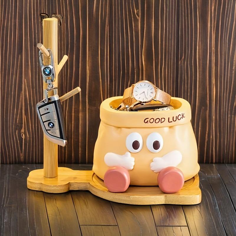 Good Luck  Resin Desk Organizer with Cute Face ,Multi-Compartment Pencil Holder, Scissors ,Eyeglasses Storage, Vibrant Yellow with Red Accents