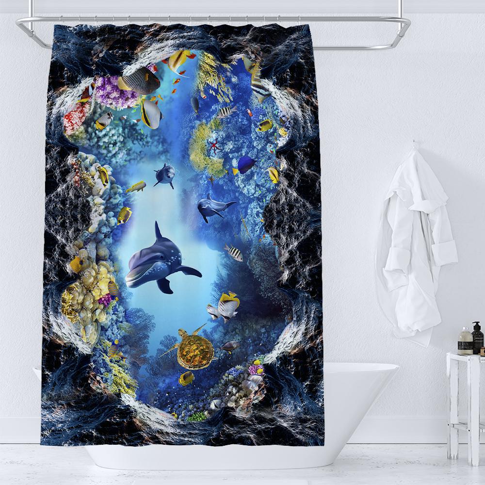 36X72 Inch Dolphin Shower Curtains Underwater World Marine Life Fabric Bath Curtain Kids Ocean Theme Bathroom Decor With Hooks