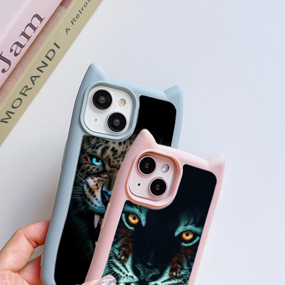 Huse de telefon moale pentru ureche de pisică pentru iPhone 16 15 13 12 11 Pro Max 14 Plus XR XS Max TPU Husă din spate acrilic transparent anti-cădere N96 Design cu ochi de tigru
