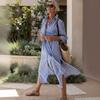 Spring Summer Women's Striped Midi Long Sleeve Casual Shirt Dress, Fashion Casual Dress for European American