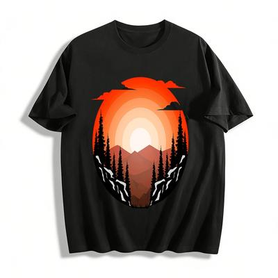 T-shirt Casual Graphique Montagne Coucher de Soleil Extérieur Vintage T-shirt 100% Coton