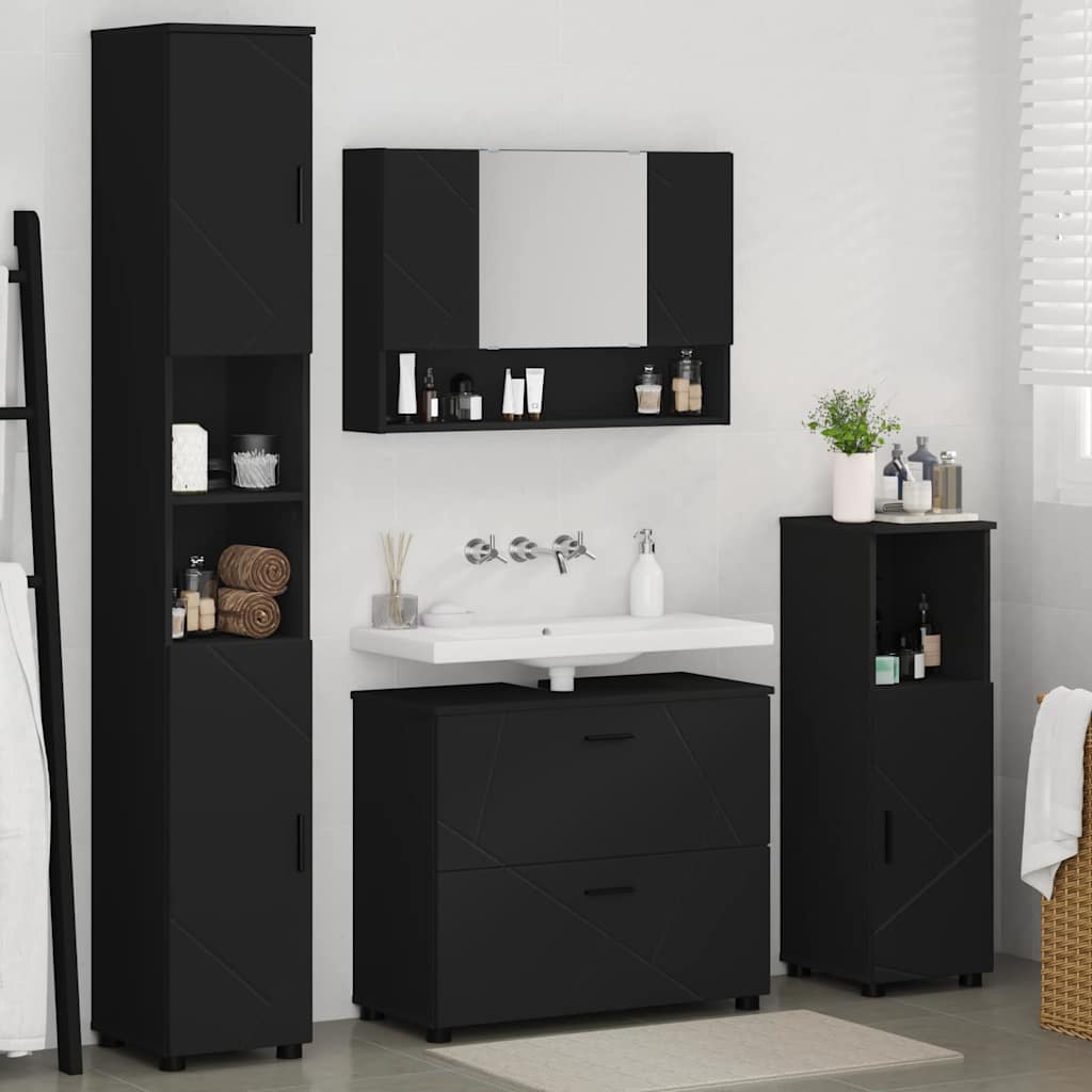 Bathroom Furniture Set with Door 4 Pcs Black Plywood and Metal