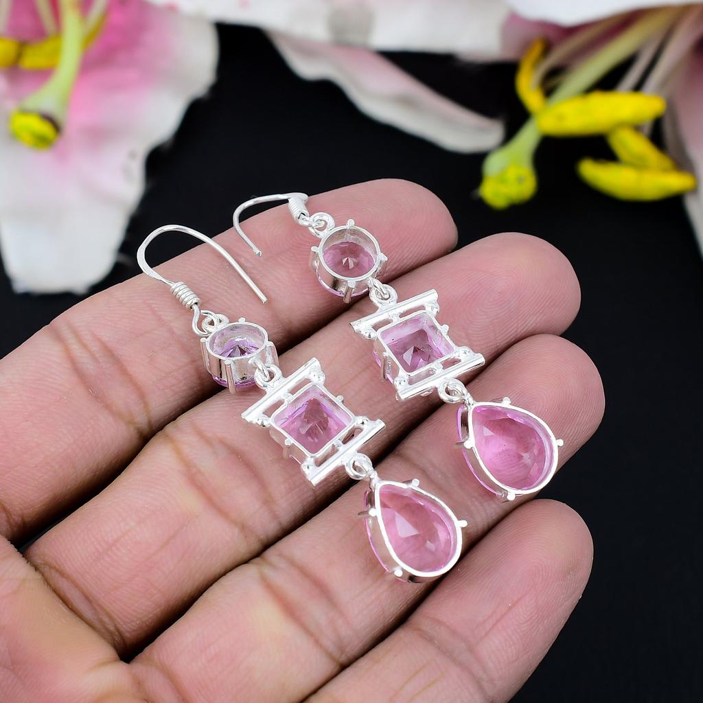 Pink Kunzite Gemstone Handmade 925 Sterling Silver Jewelry Earring 2.96" KG-433