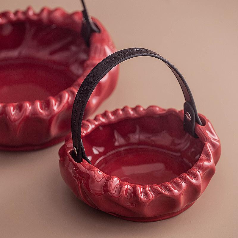 Creative Tray Red Basket Desktop Storage Container Fruit Platter Ceramic Plate Pleated Basket Home Decoration Accessories