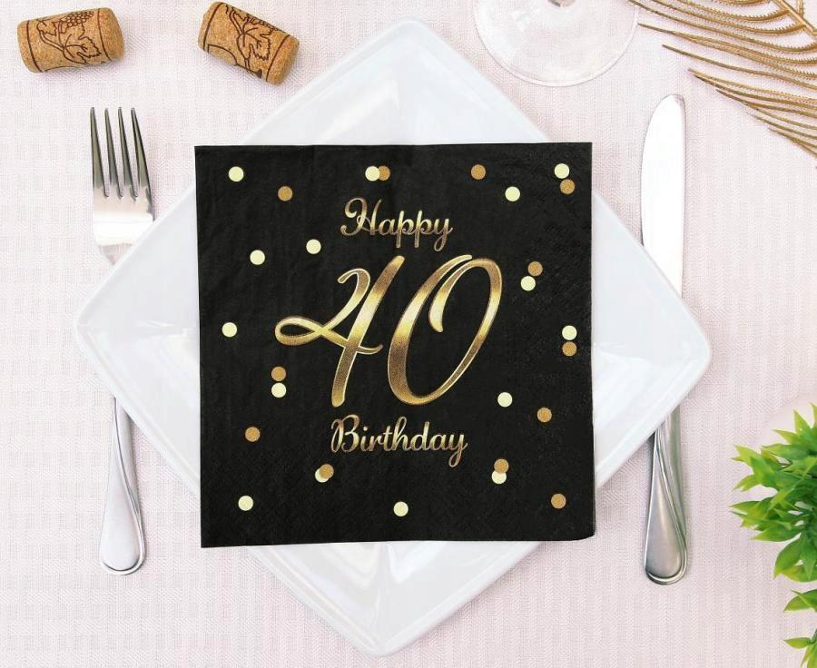 Napkins 40th Birthday Black Gold Happy Birthday Party 33X33Cm 20Pcs