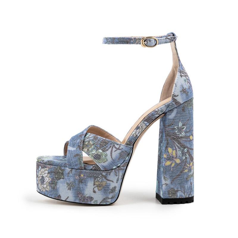 Fashion 2024 Summer Mixed Color High Heel Women's Sandals New Waterproof Platform Buckle Blue Large Size 36-43 Sexy Women's Shoes