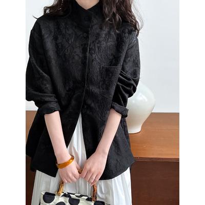 Vintage Blouse Women's Autumn Muscle Feeling Jacquard Standing Collar Premium Feeling Commuter Tops