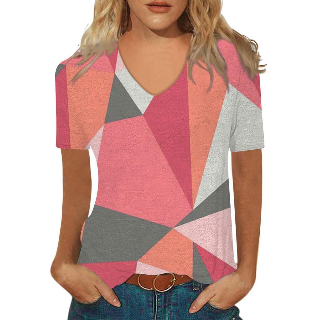 Sommer V-Ausschnitt 3D Abstraktes Retro-Muster Bedrucktes Oberteil Modische Lässige Kurzarm Damen T-Shirts