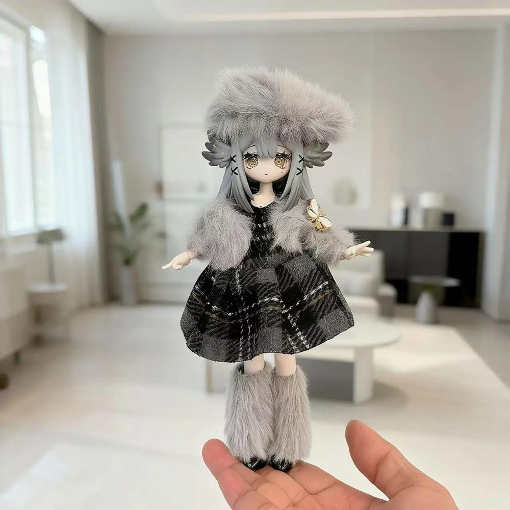 For 1/8 1/12 OB11 BJD Doll Clothes Set - Winter Plush Maid Outfit Cute Warm Doll Dress Up Accessories (Only Clothes)
