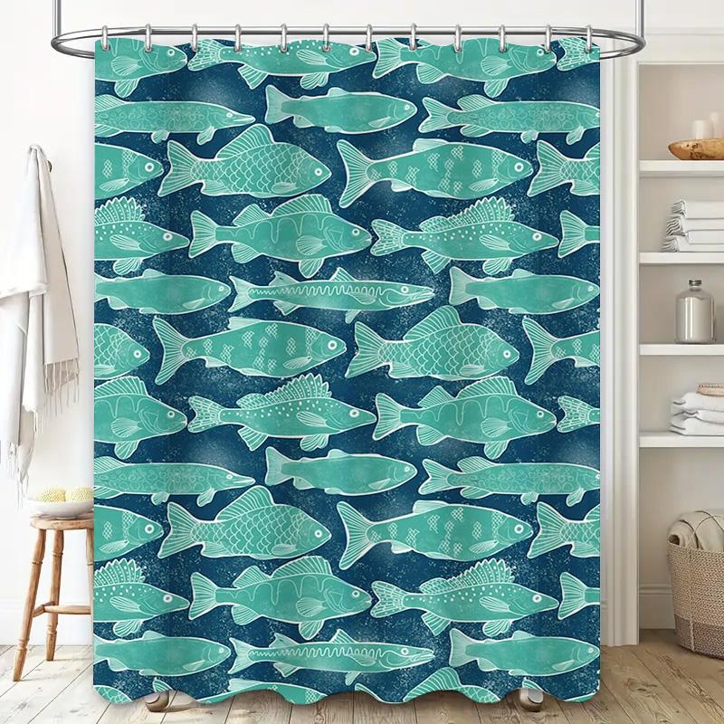 Blue Fish Print Shower Curtain Polyester Fabric Waterproof Bathroom Decor Wall Hanging Home Decor Accessories For Bathtub Enclos