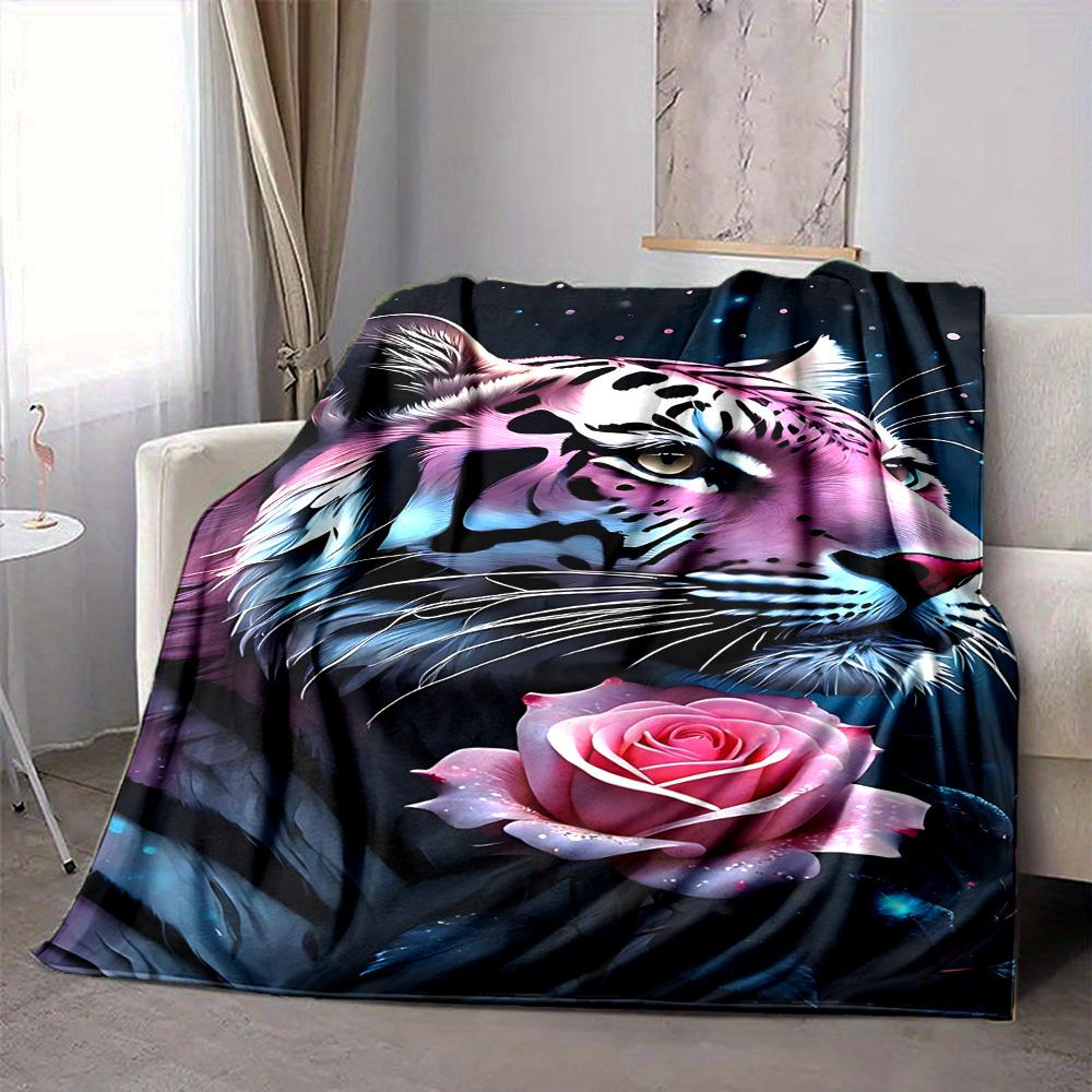 1pc Tiger Rose Print Blanket, Lightweight Flannel Fleece with Digital Printing, Soft Warm for Sofa, Travel, Camping, Office, Couch, Chair, and Bed, Al