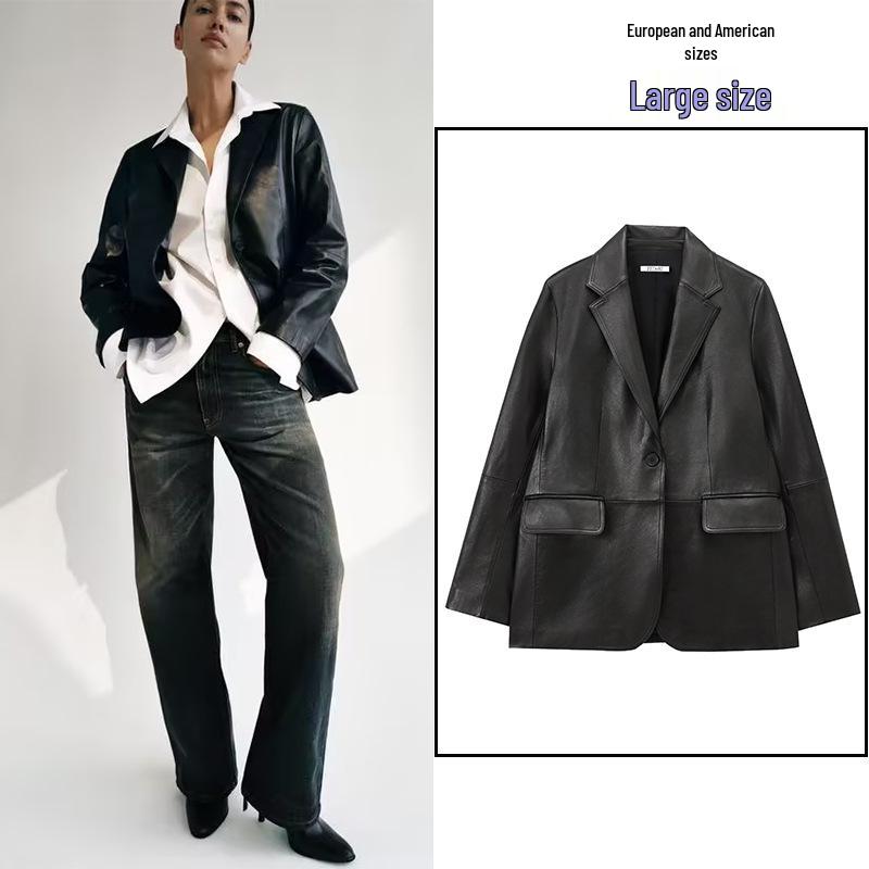 Women's 2024 Retro Single-Button PU Leather Long-Sleeve Suit Jacket