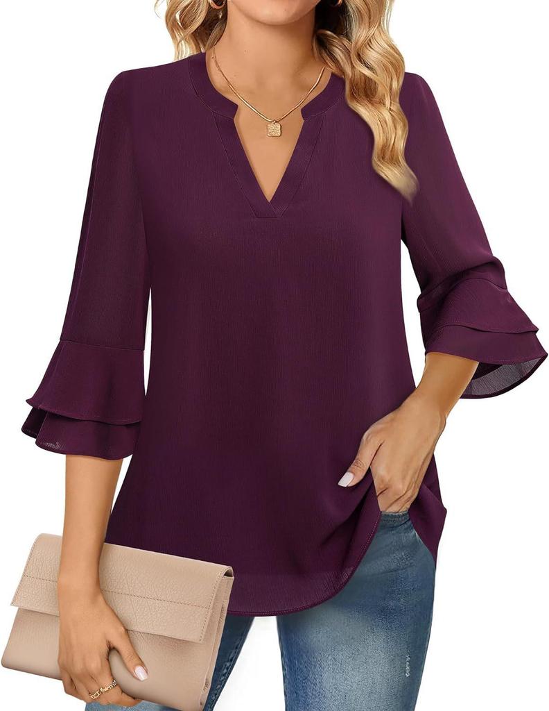 Women's V-Neck Double-Layer Chiffon Top with Flare & Tie-Waist Detailing