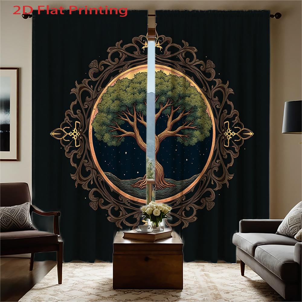Set Of 2 Flat Printing Curtains Dark Background Tree Circle Ornate Frame Fantasy Style Home Decor Polyester Curtain