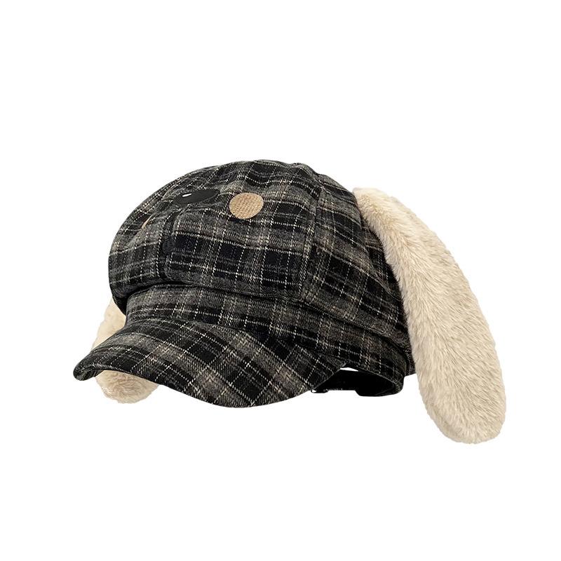 Cute Little Dog Plush Ear Checkered Octagonal Cap for Children New Spring and Autumn Beret Versatile Newsboy Cap Trend