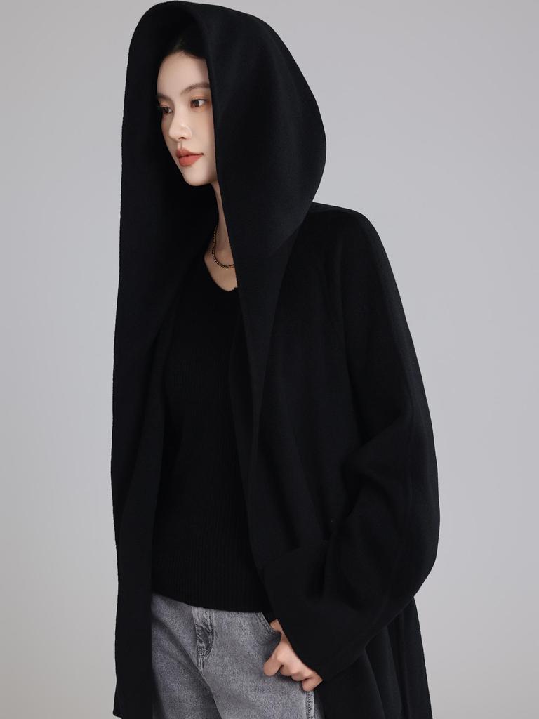High-End Extra Long Double-Faced Wool Coat: Hooded, Tie-Waist, Light Luxury Casual Silhouette with Cashmere