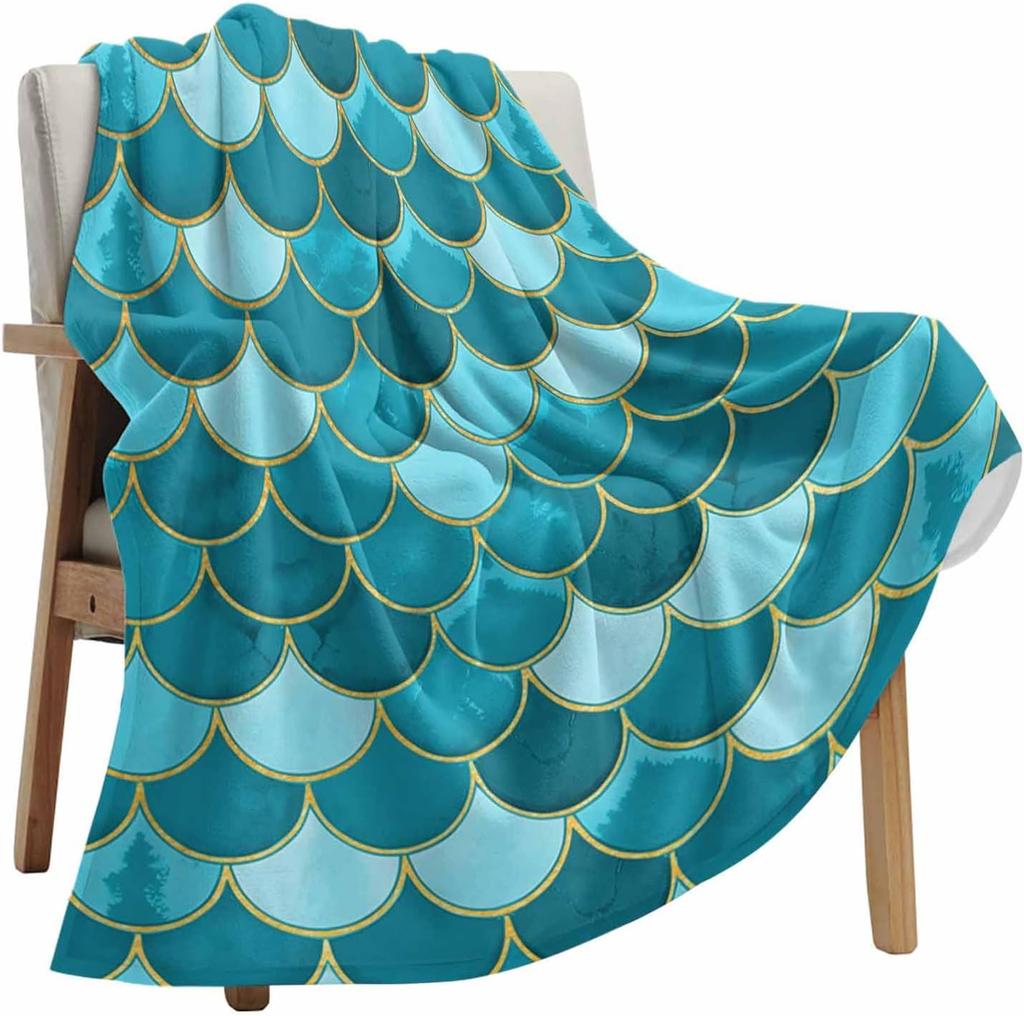 Mermaid scale blanket blue gold fish pattern fantasy design soft throw ocean decor bedroom textile magical home accessory