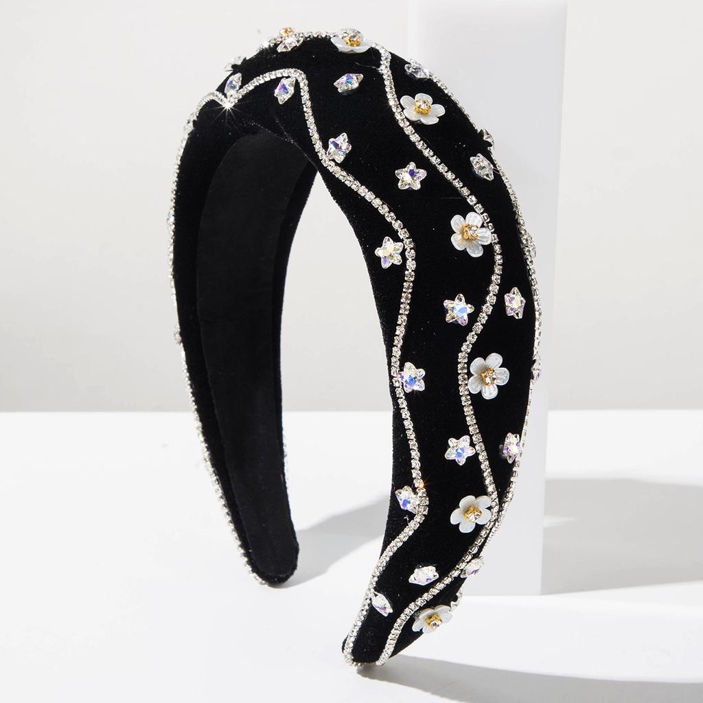 Luxury Velvet Padded Headband With Wavy Rhinestones And Floral Accents Heavy Work Royal Hair Hoop Winter Fashion Headwear