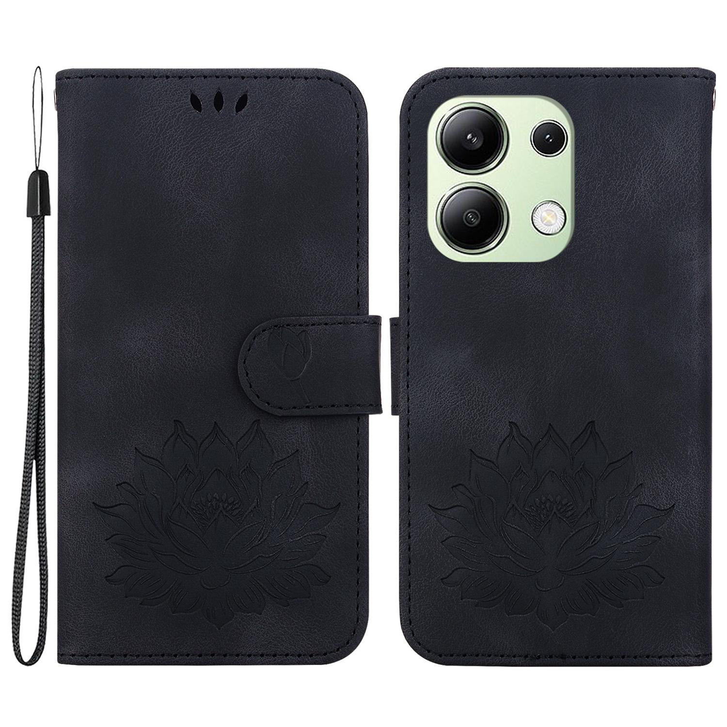 

For Xiaomi Redmi Note 13 4G Wallet Case Lotus Pattern Leather Protective Phone Cover Black