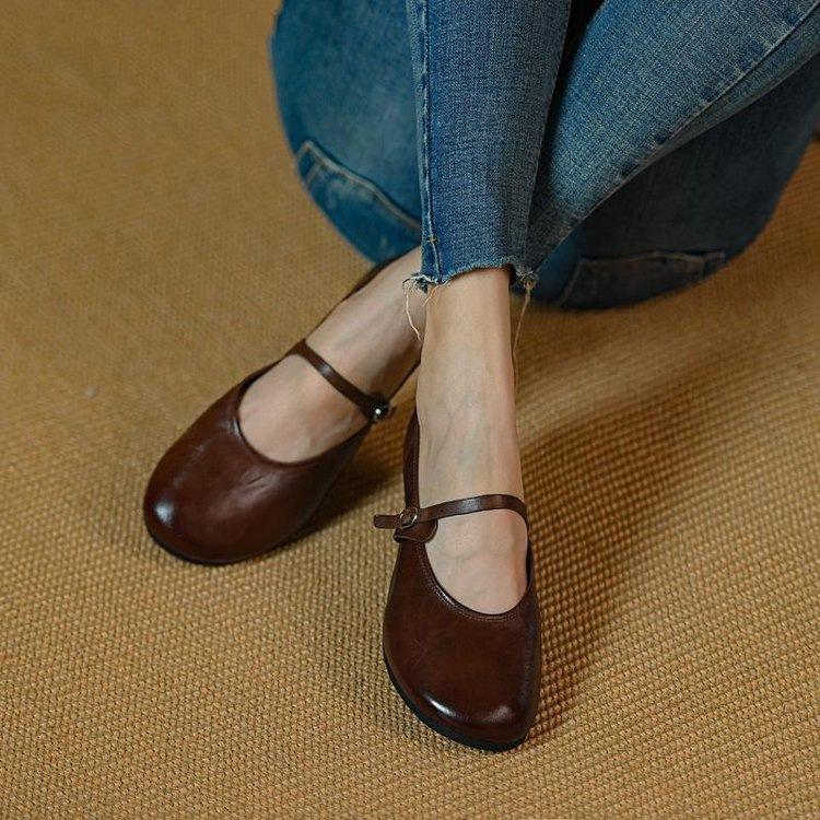 French Retro One-word with Flat Bottom Shallow Mouth Mary Jane Shoes Women's 2025 Autumn New Shallow Mouth Small Fragrant Leather Single Shoes