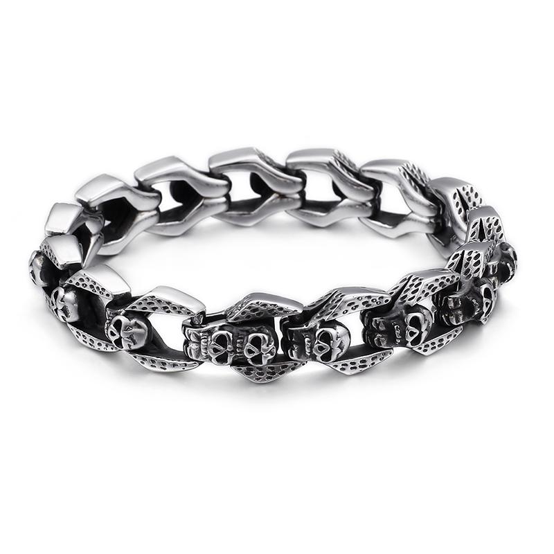 KALEN Punk Stainless Steel Multiple Skull Heads Charm Bracelets 22 CM&Punk