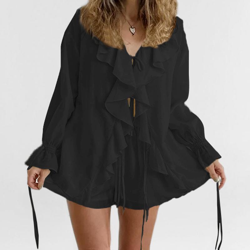 

Весенне-летний новый женский повседневный комплект из двух предметов: шорты с оборками и шнуровкой, с карманами 3XL чёрный