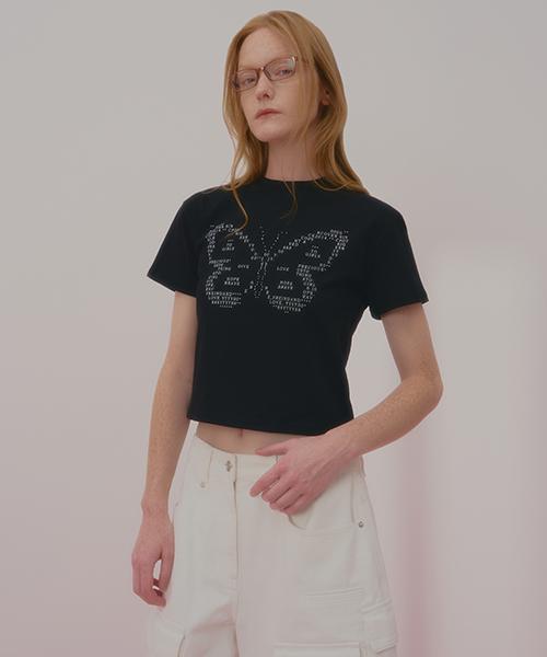 Uncover Text Butterfly Crop Short Sleeve T-Shirt Black Free