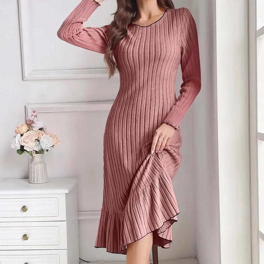

Autumn Winter Solid Long Sleeve O-neck Ruffles Maxi Dress Women s Elegant Mermaid Skirt Skinny Elastic Knitted Dresses for Women S