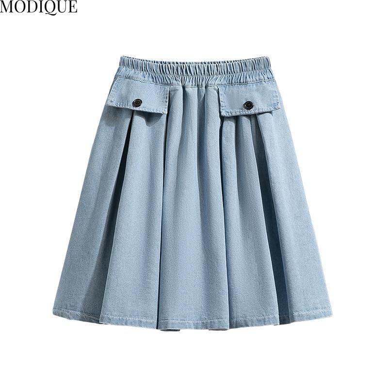 MODIQUE 2025 Nou Mărimi Mari Vară Femei Bumbac Elastic Spălare Pantaloni Treisfert Albastru Denim Fustă Plisată Dama Pantaloni Scurți Basic Casual Largi