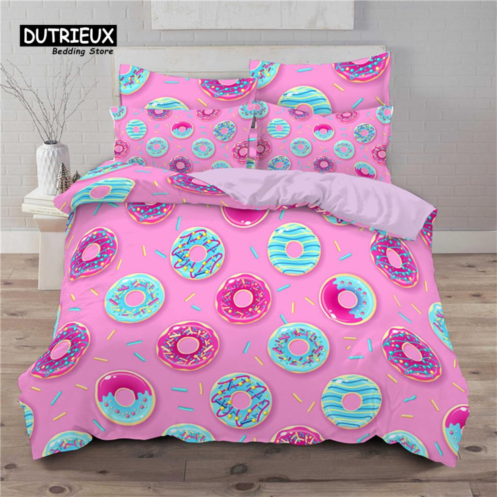 Soft Cute Donuts Duvet Cover Set Dessert Theme Bedding Set For Girls Boys Gifts Microfiber Funny Cartoon Tasty Foods Quilt Cover