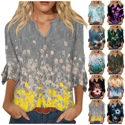 3/4 Sleeve Shirts For Women Pattern Print Graphic Tees Blouses Casual Plus Size Basic Tops Pullover