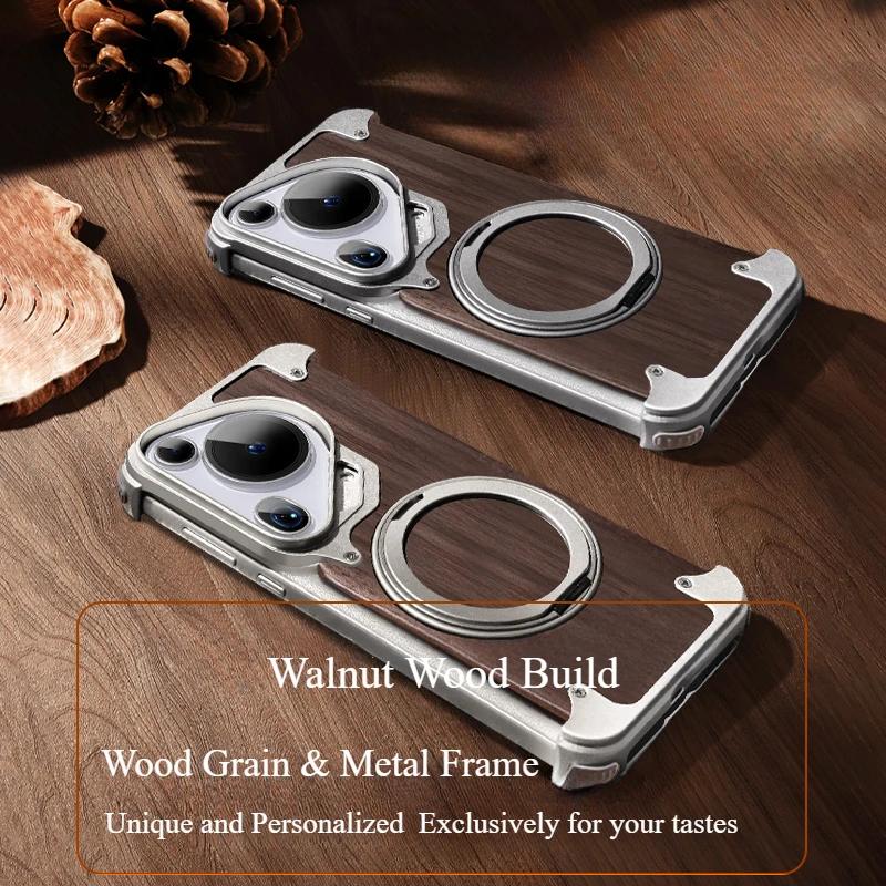 Oatsbasf Phone Case for Huawei Pura 70 Ultra with 360° Rotatable Stand Wooden Metal Frame Shockproof Magnetic Protective Cover