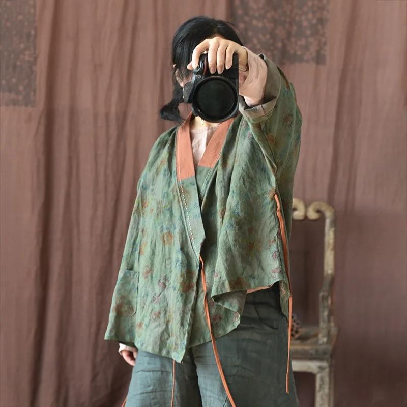 Johnature Vintage Women Belt Shirts V-Neck Long Sleeve Blouses Autumn Chinese Style Print Floral Loose Shirts