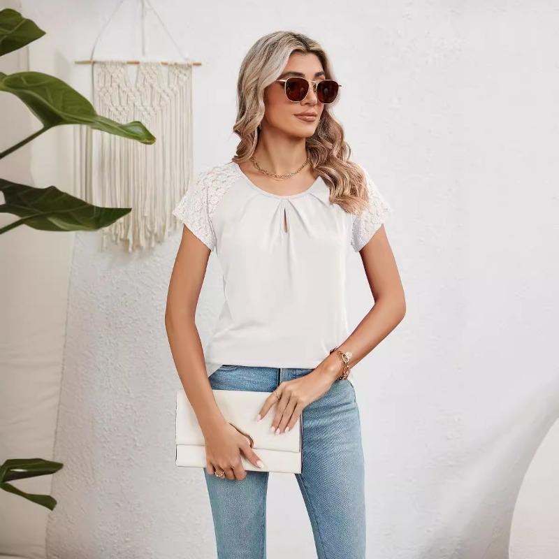 2024 Summer Lace Short Sleeve Loose Blouse for Women Fashion Solid Round Neck Casual Shirt Women Tops Elegant Simple Plus Size Female Blouses 24314