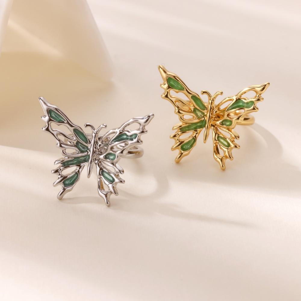Green Oil-Dripping Butterfly Rings For Women Gold Color Vintage Geometric Butterfly Opening Ring Wedding Aesthetic Jewelry Gift