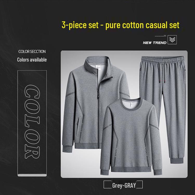 Men's Plus Size Spring Cotton Sportswear: Casual, Breathable Three-Piece Set with Running Cardigan and Round Neck