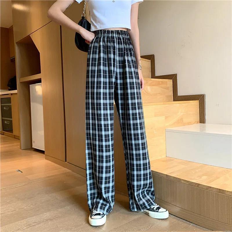 Vintage Plaid Women Pants High Waist Wide Leg Straight Pant Loose Casual Female Trousers Wide Leg Pant Fashion
