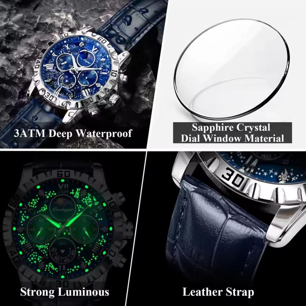 POEDAGAR Original Military Man Wristwatch Waterproof Luminous Chronograph Leather Strap Watches for Men Quartz Watch Reloj