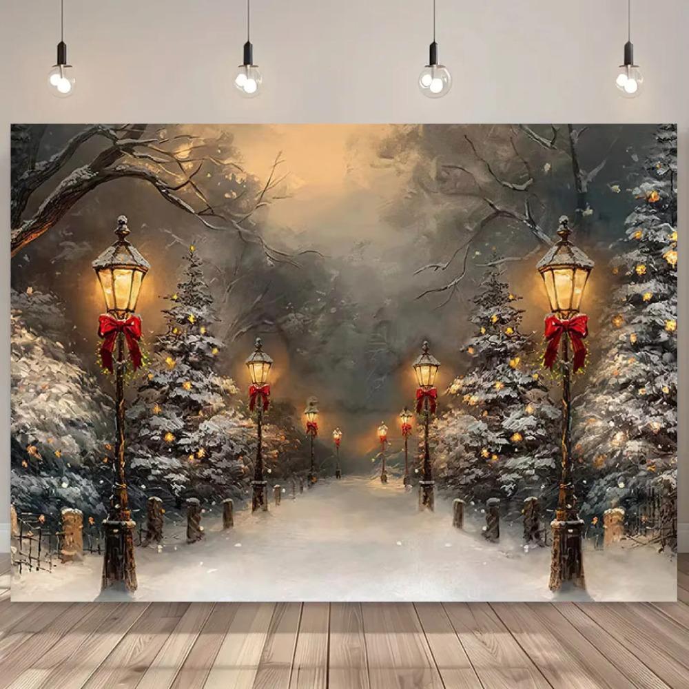 Winter Christmas Snow Road Lamp Theme Banner Background Children's Birthday Party Home Decoration Photography Background Cloth